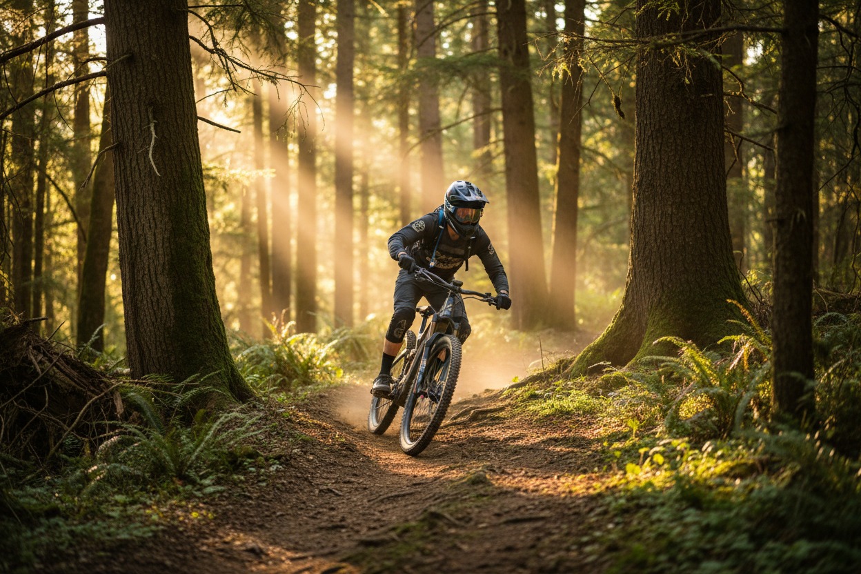 Ein Mountainbiker fährt durch einen sonnendurchfluteten Wald.