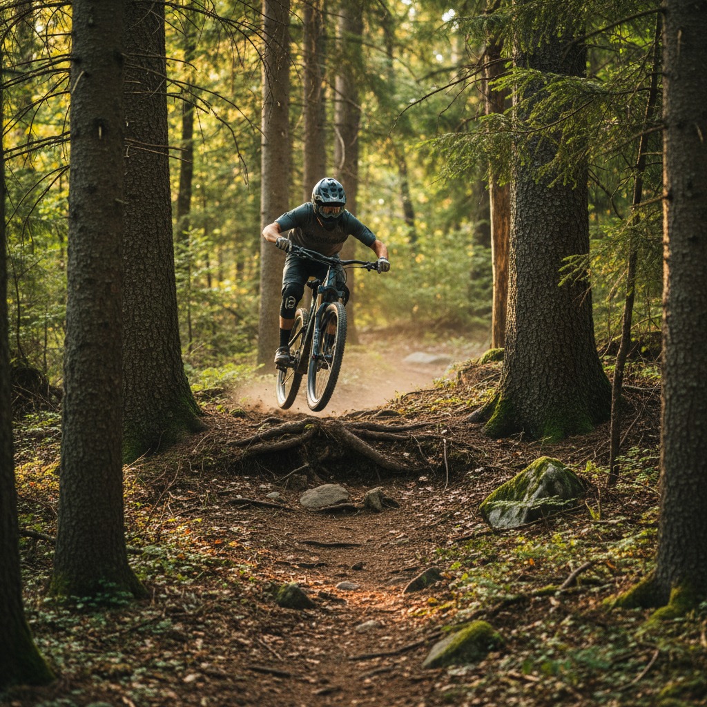 Ein Mountainbiker springt mit seinem Fahrrad auf einem Waldweg über eine Wurzel.